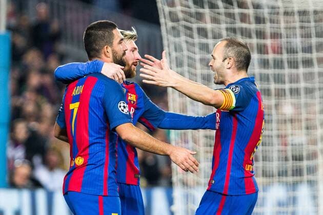 Fußball, CL, FC Barcelona - Borussia Mönchengladbach FC Barcelona Barca s Leo Messi , Arda Turan, Andres Iniesta during Champions League match between Futbol Club Barcelona and VfL Borussia Mönchengladbach at Camp Nou Stadium in Barcelona , Spain. December 06, 2016.  (20161206009)