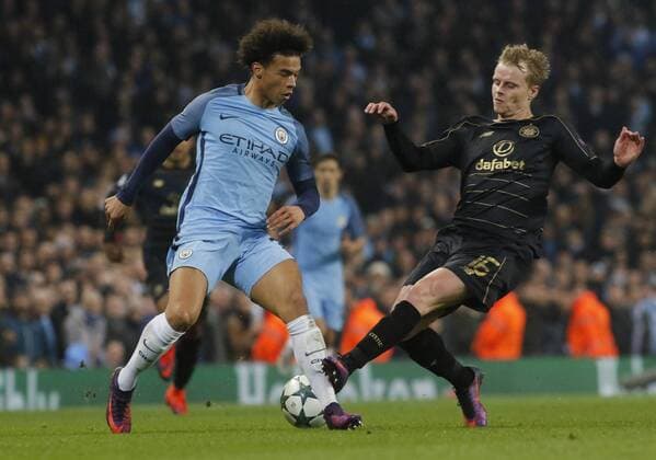 06.12.2016. Manchester, England. UEFA Champions League football, group stages. Manchester City versus Glasgow Celtic. Celtic midfielder Gary Mackay-Steven with a heavy tackle on Manchester City midfielder Leroy Sane. xAlanxMartinx  ActionPlus11817641