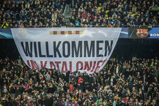 December 6, 2016 - Barcelona, Catalonia, Spain - A banner written in German reading Welcome to Catalonia is exhibited prior to the Champions League match between FC Barcelona Barca and Borussia MoÂ¶nchengladbach at the Camp Nou stadium in Barcelona FC Barcelona 4:0 Gladbach - Champions League - ZUMAo105 20161206_zap_o105_062