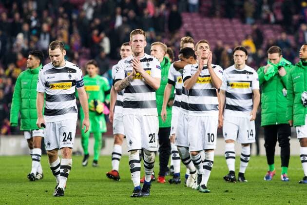 VfL Borussia Monchengladbach s Jannik Vestergaard, Andre Hahn , Nico Elvedi, Yann Sommer, Tobias Strobl, Andreas Christensen, Tobias Strobl, Thorgan Hazard during Champions League match between Futbol Club Barcelona and VfL Borussia Mönchengladbach at Camp Nou Stadium in Barcelona , Spain. December 06, 2016.  (20161206135)