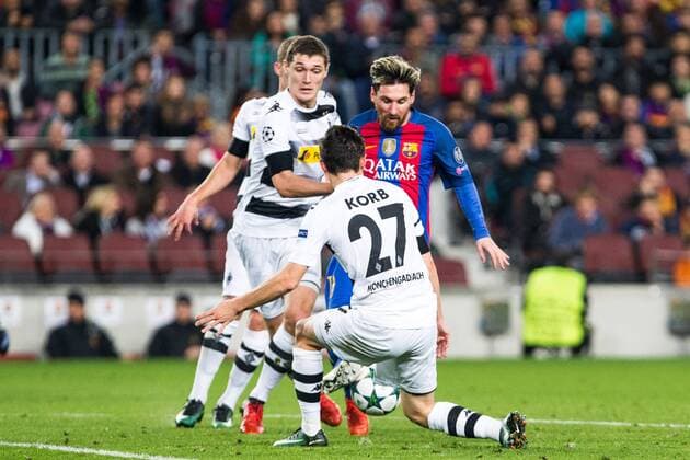 VfL Borussia Monchengladbach s Julian Korb, Andreas Christensen , FC Barcelona Barca s Leo Messi during Champions League match between Futbol Club Barcelona and VfL Borussia Mönchengladbach at Camp Nou Stadium in Barcelona , Spain. December 06, 2016.  (20161206070)
