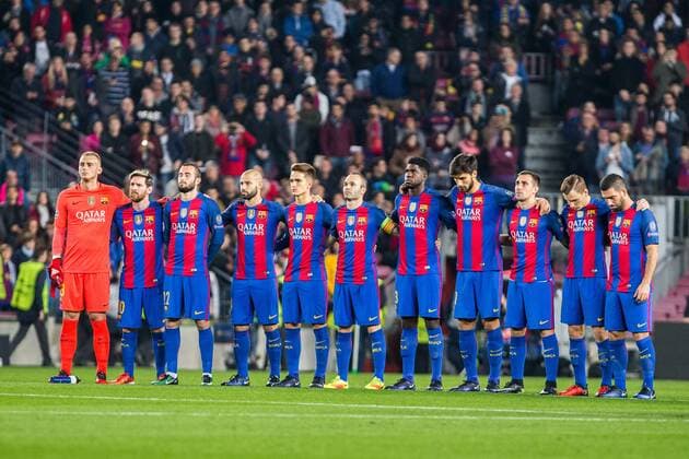 FC Barcelona Barca s Jasper Cilissen, Leo Messi, Javier Mascherano, Denis Suarez, Andres Iniesta, Aleix Vidal, Samuel Umiti, Andre Gomes, Arda Turan during Champions League match between Futbol Club Barcelona and VfL Borussia Mönchengladbach at Camp Nou Stadium in Barcelona , Spain. December 06, 2016. (20161206012)