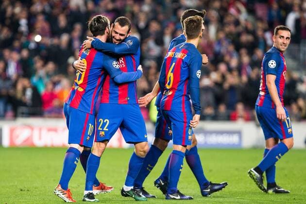 FC Barcelona Barca s Arda Turan, Andres Iniesta, Paco Alcacer , Leo Messi during Champions League match between Futbol Club Barcelona and VfL Borussia Mönchengladbach at Camp Nou Stadium in Barcelona , Spain. December 06, 2016.  (20161206061)