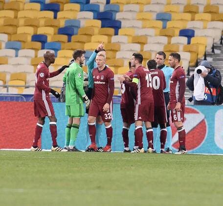 UEFA Champions League Group B match between Dynamo Kiev and Besiktas at NSK Olympiyskiy Stadium in Kiev , Ukraine , December 06 , 2016. Pictured Referee Craig Thomson and Andreas Beck of Besiktas. 