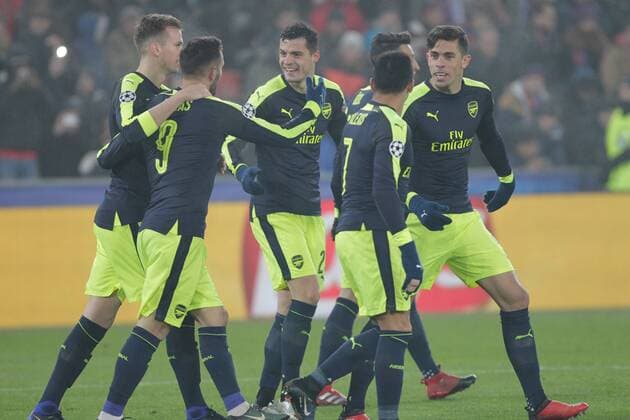 06.12.2016. Basel, Switzerland. C& xe9;lebration for the goal from Lucas Perez (Arsenal) at the Champions League Group A FC Basle versus Arsenal at St. Jakob Park in Basel, Switzerland xlaurent.lairysx  ActionPlus11817722