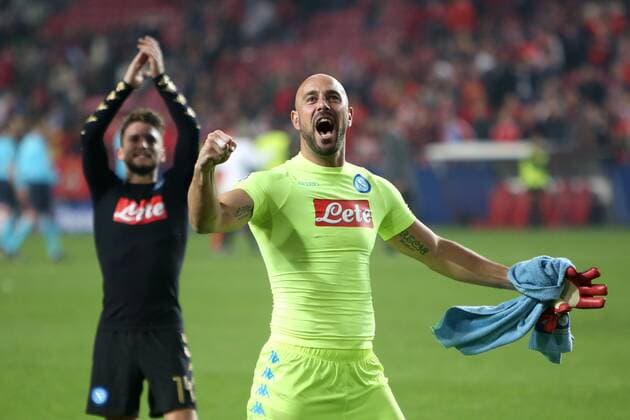 December 6, 2016 - Lisbon, Portugal - Napoli s goalkeeper Pepe Reina and forward Dries Mertens celebrates their victory after the UEFA Champions League Group B football match SL Benfica vs Napoli at the Luz stadium in Lisbon, Portugal on December 6, 2016. Photo: UEFA Champions League Group B football match SL Benfica vs Napoli - ZUMAf123 20161206_zap_f123_005