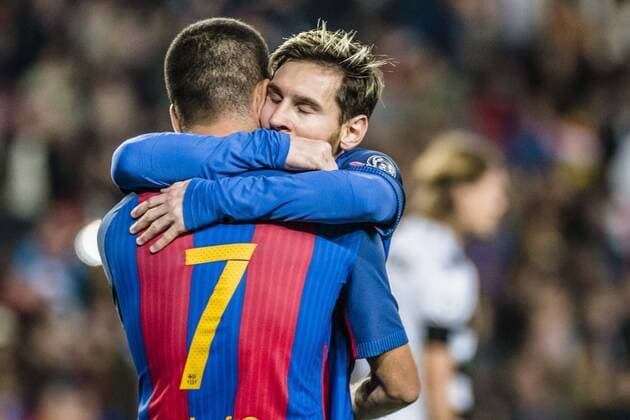 December 6, 2016 - Barcelona, Catalonia, Spain - FC Barcelona Barca forward LIONEL MESSI celebrates a goal with FC Barcelona midfielder ARDA TURAN during the Champions League match against Borussia Monchengladbach at the Camp Nou stadium. Soccer 2016 - FC Barcelona 4:0 Gladbach - ZUMAo105 20161206_zap_o105_035