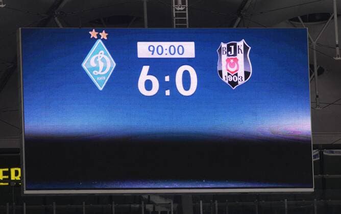 Fußball, CL, Dynamo Kiew - Besiktas Istanbul UEFA Champions League Group B match between Dynamo Kiev and Besiktas at NSK Olympiyskiy Stadium in Kiev , Ukraine , December 06 , 2016. Final Score : Dynamo Kiev 6 - Besiktas 0 Pictured : Scoreboard 