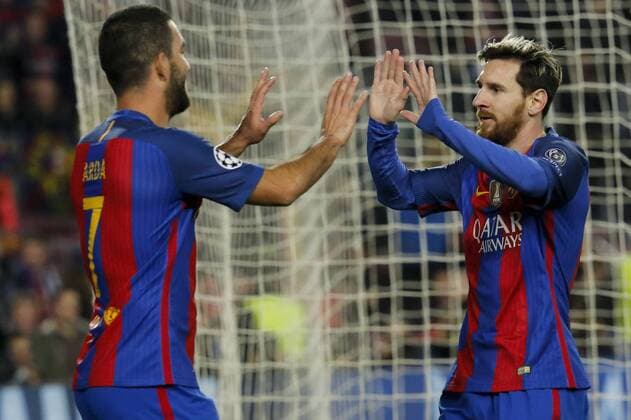 BARCELONA, Dec. 6, 2016 -- Barcelona s Lionel Messi (R) celebrates after scoring with Arda Turan during the UEFA Champions League match against Borussia Monchengladbach at Camp Nou stadium in Barcelona, Spain, Dec. 6, 2016. Barcelona won 4-0. ) (SP)SPAIN-BARCELONA-SOCCER-BARCELONA VS BORUSSIA MONCHENGLADBACH PauxBarrena 