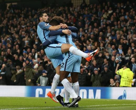 Nolito of Manchester City celebrates with scorer Kelechi Iheanacho of Manchester City during the Champions League Group C match at the Etihad Stadium, Manchester. Picture date: December 6th, 2016. Pic Simon Bellis Sportimage EDITORIAL USE ONLY. No use with unauthorised audio, video, data, fixture lists, club league logos or live services. Online in-match use limited to 120 images, no video emulation. No use in betting, games or single club league player publications.