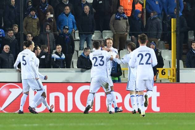 Kobenhavn s players celebrate after scoring during the sixth and last game of the group stage of the Europa League competition between Belgian soccer team Club Brugge and Dannish club FC Kopenhagen, in the group G, Wednesday 07 December 2016, in Brugge. LUCxCLAESSEN  x04993123x