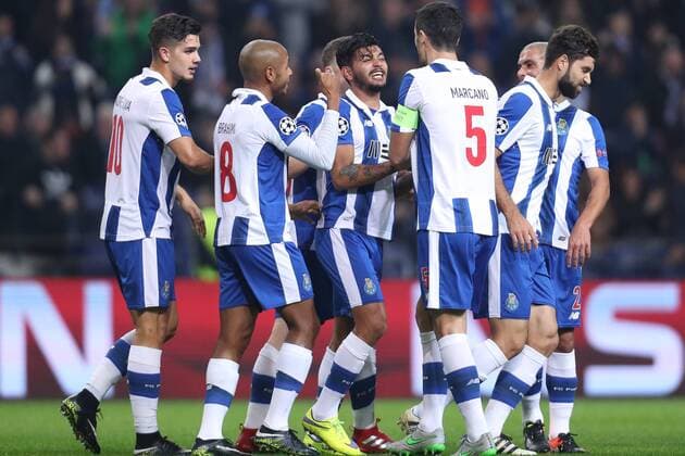 December 7, 2016 - Porto, Porto, Portugal - Porto s Mexican forward Jesus Corona (C) celebrates after scoring a goal during the UEFA Champions League Group G, match between FC Porto and Leicester City FC, at Dragao Stadium in Porto on December 7, 2016. FC Porto vs Leicester City FC - UEFA Champions League  - ZUMAn230 20161207_zaa_n230_012