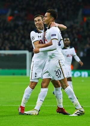 07.12.2016. Wembley Stadium, London, England. UEFA Champions League Football. Tottenham Hotspur versus CSKA Moscow. Tottenham Hotspur Midfielder Dele Alli levels the score 1-1 and celebrates with Harry Winks, after his shot beats CSKA Moscow Goalkeeper Igor Akinfeev xMarkxKertonx  ActionPlus11817884