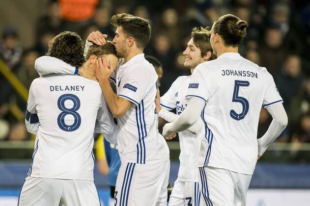 FC Kopenhagen celebrate a goalduring the UEFA Champions League group G match between Club Brugge and FC Kopenhagen on December 07, 2016 at the Jan Breydel stadium in Bruges, Belgium. Club Brugge v FC Kopenhagen UEFA Champions League 2016 2017 xVIxGerritxvanxKeulenxIVx 6721828