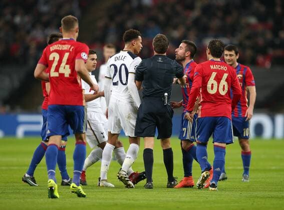 Tottenham s Dele Alli squares up to CSKA Moscow s Zoran Tosic during the Champions League group match at Wembley Stadium, London. Picture date December 7th, 2016 DavidKlein Sportimage EDITORIAL USE ONLY. No use with unauthorised audio, video, data, fixture lists, club league logos or live services. Online in-match use limited to 120 images, no video emulation. No use in betting, games or single club league player publications.