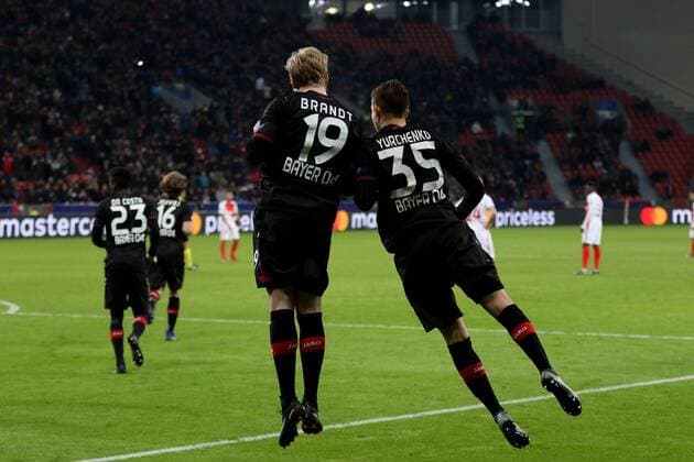 07.12.2016 - Julian Brandt (Bayer 04 Leverkusen) freut sich mit Vladlen Yurchenko (Bayer 04 Leverkusen) über sein Tor zum 0:2 beim Champions League Gruppenspiel (Saison 2016 17) Bayer Leverkusen - AS Monaco. Copyright Thomas Pakusch