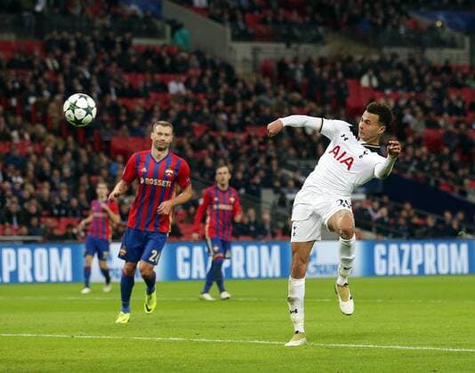 Tottenham s Dele Alli scoring his sides third goal during the Champions League group match at Wembley Stadium, London. Picture date December 7th, 2016 DavidKlein Sportimage EDITORIAL USE ONLY. No use with unauthorised audio, video, data, fixture lists, club league logos or live services. Online in-match use limited to 120 images, no video emulation. No use in betting, games or single club league player publications.