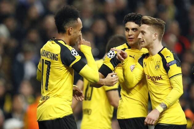 (L-R) Pierre-Emerick Aubameyang of Borussia Dortmund, Marc Bartra of Borussia Dortmund, Marco Reus of Borussia Dortmundduring the UEFA Champions League group F match between Real Madrid and Borussia Dortmund on December 07, 2016 at the Santiago Bernabeu stadium in Madrid, Spain. Real Madrid v Borussia Dortmund UEFA Champions League 2016 2017 xVIxxIVx 6722618