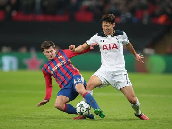 December 7, 2016 - London, England, United Kingdom - Georgi Shchennikov of CSKA Moscow beats Tottenham Hotspur s Son Heung-Min during UEFA Champions League - Group E match between Tottenham Hotspur and CSKA Moscow at Wembley stadium 07 Dec 2016 Tottenham Hotspur FC v PFC CSKA Moskva - UEFA Champions League  - ZUMAn230 20161207_zaa_n230_132