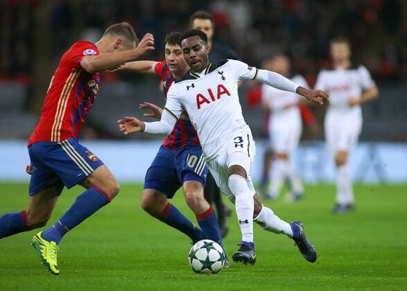 07.12.2016. Wembley Stadium, London, England. UEFA Champions League Football. Tottenham Hotspur versus CSKA Moscow. Tottenham Hotspur Defender Danny Rose takes the ball past CSKA Moscow Midfielder Alan Dzagoev and faces CSKA Moscow Defender Vasiliy Berezutski xMarkxKertonx  ActionPlus11817905