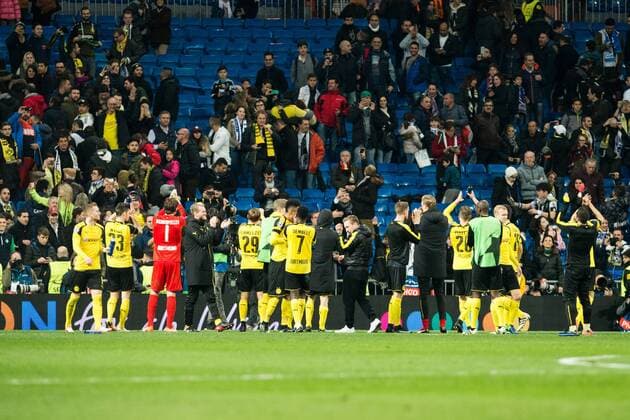 Borussia Dortmund Roman Weidenfeller, Marc Bartra, Ousmane Cembele, Pierre Aubameyang, Andre Schurrle, Christian Pullsic, Sokratis Papastathoppulos,GLucasz Piszczek, Gonzalo Castro, Marcel Shmeizer, Julian Weigl during Champions League match between Real Madrid and Borussia Dortmund at Santiago Bernabeu Stadium in Madrid , Spain. December 07, 2016. (20161207101)