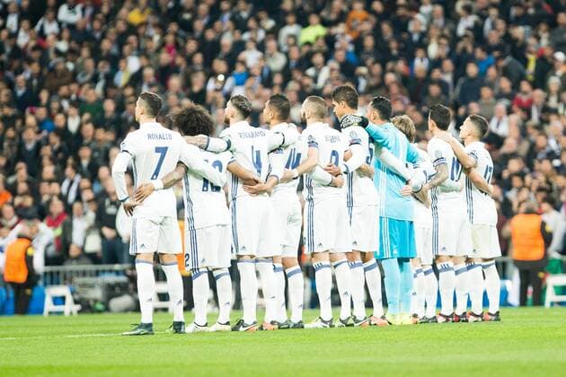Real Madrid s Cristiano Ronaldo, Keylor Navas, Daniel Carvajal, Sergio Ramos, Raphael Varane, Karim Benzema, James Rodriguez, Marcelo Vieira, Carlos Henrique Casemiro, Lucas Vazquez, Luka Modric during Champions League match between Real Madrid and Borussia Dortmund at Santiago Bernabeu Stadium in Madrid , Spain. December 07, 2016. (20161207002)