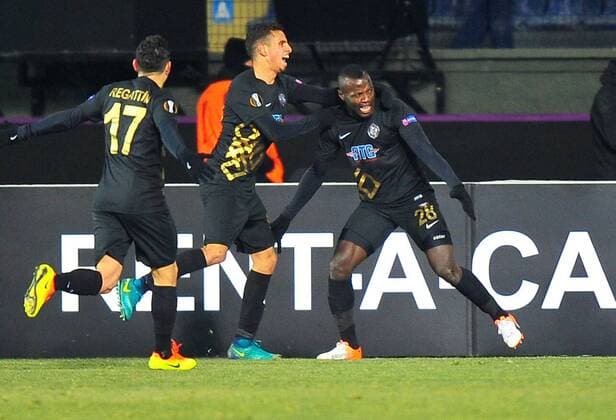 Osmanlispor s Dzon Delarge celebrates his goal with his teammates during a UEFA European League, group L soccer match, between Osmanlispor and Zurich at Osmanli Stadyumu in Ankara, 12th of December, 2016. (  Copyright: HikmetxSaatci 15577847