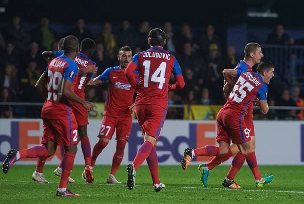 December 8, 2016 - Vila-Real, Castellon, Spain - FC Steaua Bucuresti players celebrates their goal during the UEFA Europa League group L football match beetween Villarreal CF and Steaua Bucuresti at Estadio El Madrigal, in Vila-real, Spain on December 8, 2016. Villarreal CF v FC Steaua Bucuresti - UEFA Europa League  - ZUMAn230 20161208_zaa_n230_009