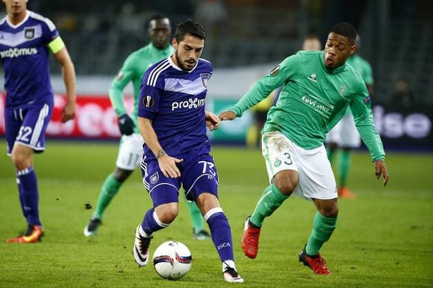 ANDERLECHT, BELGIUM - DECEMBER 08 : Nicolae Stanciu midfielder of RSC Anderlecht and Arnaud Nordin of Asse during the Europa League match between RSC Anderlecht and AS.Saint Etienne in Anderlecht, Belgium , 08 12 2016. (Photo by Jimmy Bolcina Photo News FOOTBALL : Anderlecht vs st etienne - UEFA ligue europa - 08 12 2016 PHOTONEWS PANORAMIC 