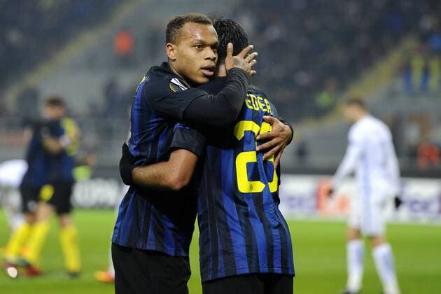 Jubel Tor Eder Inter 1-0. Celebration goal con Jonathan Biabiany Europa League 2016 2017 Inter Mailand - Sparta Prag giuseppexceleste
