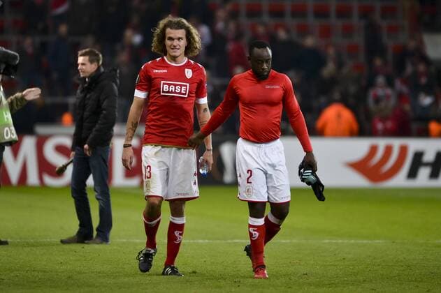 Standard s Alexander Scholz and Standard s Reginal Goreux pictured after the sixth and last game of the group stage (group G) of the Europa League competition between Belgian soccer team Standard de Liege and Dutch club Ajax Amsterdam in Liege, Thursday 08 December 2016. NICOLASxLAMBERT  x04994343x
