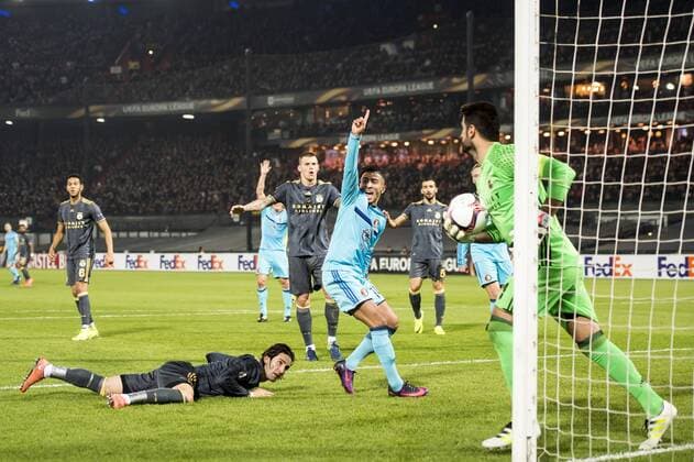 Bilal Basacikoglu of Feyenoord claims a goalduring the Europa League group A match between Feyenoord and Fenerbahce SK on December 08, 2016 at the Kuip stadium in Rotterdam, The Netherlands. Feyenoord v Fenerbahce SK UEFA Europa League 2016 2017 xVIxGerritxvanxKeulenxIVx 6729662