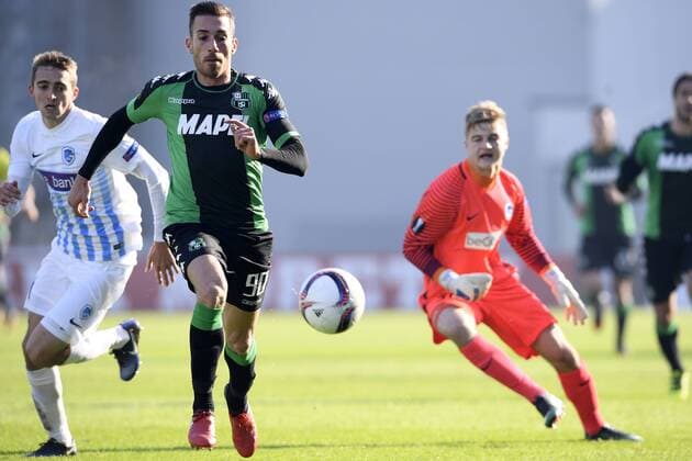 Genk s Timothy Castagne, Sassuolo s Antonino Ragusa and Genk s goalkeeper Nordin Jackers fight for the ball during a soccer game between Italian Club U.S. Sassuolo Calcio and Belgian team KRC Genk in Parma, Italy, Friday 09 December 2016, the sixth and last game of the group stage of the Europa League competition, in Group F. The match was scheduled for yesterday, but it was postponed due to heavy fog. YORICKxJANSENS  x04994459x