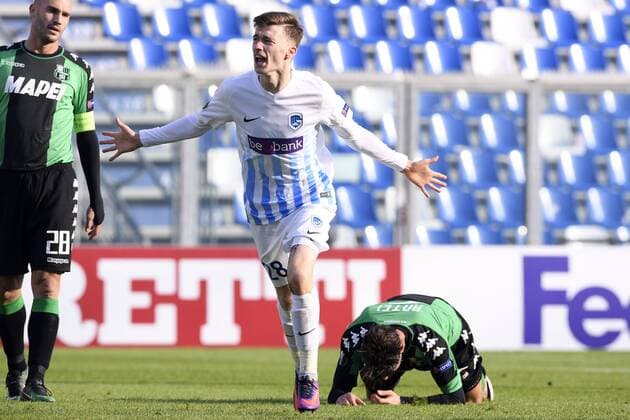 Genk s Brian Heynen celebrates after scoring during a soccer game between Italian Club U.S. Sassuolo Calcio and Belgian team KRC Genk in Parma, Italy, Friday 09 December 2016, the sixth and last game of the group stage of the Europa League competition, in Group F. The match was scheduled for yesterday, but it was postponed due to heavy fog. YORICKxJANSENS  x04994516x