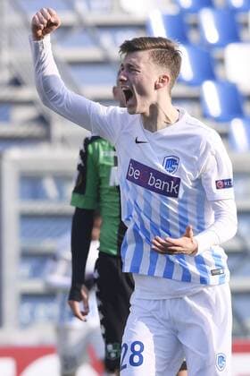 Genk s Brian Heynen celebrates after scoring during a soccer game between Italian Club U.S. Sassuolo Calcio and Belgian team KRC Genk in Parma, Italy, Friday 09 December 2016, the sixth and last game of the group stage of the Europa League competition, in Group F. The match was scheduled for yesterday, but it was postponed due to heavy fog. YORICKxJANSENS  x04994520x