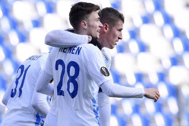 Genk s Brian Heynen and Genk s Sebastien Dewaest celebrate during a soccer game between Italian Club U.S. Sassuolo Calcio and Belgian team KRC Genk in Parma, Italy, Friday 09 December 2016, the sixth and last game of the group stage of the Europa League competition, in Group F. The match was scheduled for yesterday, but it was postponed due to heavy fog. YORICKxJANSENS  x04994526x