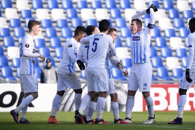 Genk s Leandro Trossard celebrates after scoring during a soccer game between Italian Club U.S. Sassuolo Calcio and Belgian team KRC Genk in Parma, Italy, Friday 09 December 2016, the sixth and last game of the group stage of the Europa League competition, in Group F. The match was scheduled for yesterday, but it was postponed due to heavy fog. YORICKxJANSENS  x04994540x