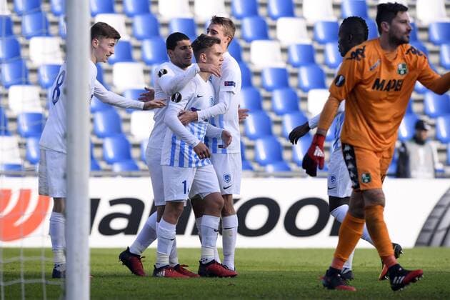 Genk s Leandro Trossard celebrates after scoring during a soccer game between Italian Club U.S. Sassuolo Calcio and Belgian team KRC Genk in Parma, Italy, Friday 09 December 2016, the sixth and last game of the group stage of the Europa League competition, in Group F. The match was scheduled for yesterday, but it was postponed due to heavy fog. YORICKxJANSENS  x04994541x