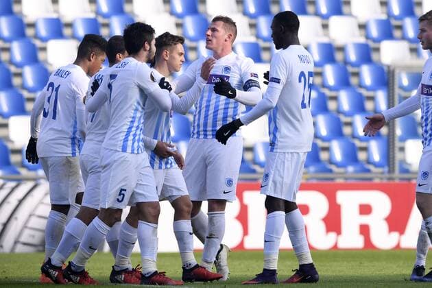 Genk s Leandro Trossard celebrates after scoring during a soccer game between Italian Club U.S. Sassuolo Calcio and Belgian team KRC Genk in Parma, Italy, Friday 09 December 2016, the sixth and last game of the group stage of the Europa League competition, in Group F. The match was scheduled for yesterday, but it was postponed due to heavy fog. YORICKxJANSENS  x04994539x