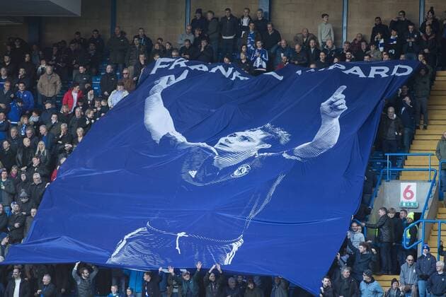 Football - 2016 2017 Premier League - Chelsea vs. WBA A giant flag depicting Frank Lampard is drapped across the shed end at Stamford Bridge. COLORSPORT DANIEL BEARHAM  che_wba