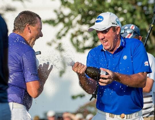 December 11, 2016 - Hong Kong, Hong Kong S.A.R, China - Final round of the 58th Hong Kong Open at The Hong Kong Golf Club Fanling, Hong Kong, Hong Kong SAR, China. Sam Brazel takes the trophy by one stroke with a birdie on the 18th. Brazel celebrates his win on the 18th with a spray of champagne from fellow Australian player Scott Hend Final day of the UBS Hong Kong Open Golf 2016 - ZUMAr144 20161211_zap_r144_008