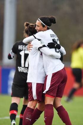 Jubel, Freuen, celebrate, happy, cheer , Goal Celebration Irini Ioannidou (SGS Essen) (11) Sara Doorsoun (SGS Essen) (23) nach dem 1:4, Fussball, Allianz Frauen-Bundesliga, Bayer 04 Leverkusen - SGS Essen, xmkx