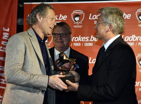 Club s head coach Michel Preud homme, Raymond Goethals s son Guy and Laszlo Boloni pictured during the sixth edition of the Raymond Goethals award , for the coach whose work method resembles legendary Belgian coach Raymond Goethals, Tuesday 13 December 2016, in Aalst. ERICxLALMAND  x04996702x