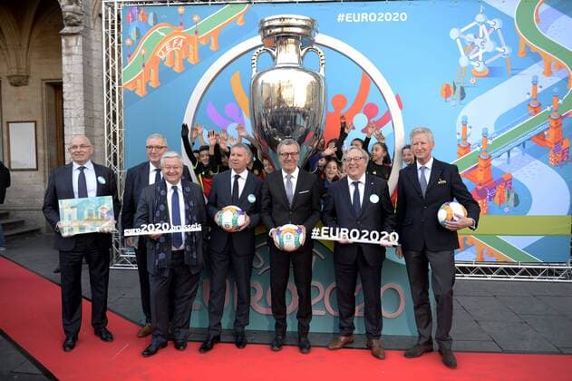 Alain Courtois President of EURO Brussels 2020 LOC Yvan Mayeur Mayor of Brussels Guy Vanhengel Minister of the Brussels Capital Region Francois De Keersmaecker President of the Belgian FA Michael Van Praag Vice President of UEFA FOOTBALL : Lancement de l Euro 2020 - Bruxelles - 14 12 2016 Photonews Panoramic 