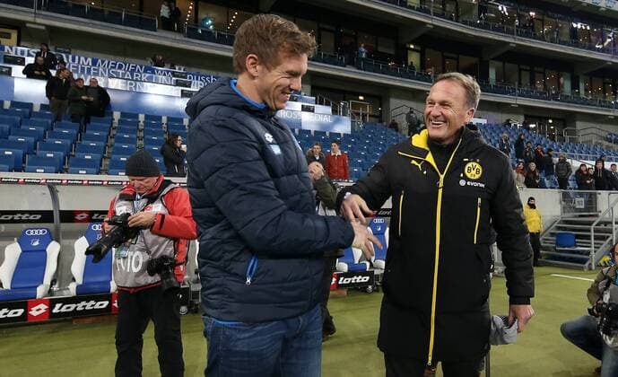 Julian NAGELSMANN (Trainer, 1899 Hoffenheim) mit Hans-Joachim WATZKE (Geschaeftsfuehrer Borussia Dortmund) Fußball 1. Bundesliga: TSG 1899 Hoffenheim - Borussia Dortmund, 15. Spieltag am 16.12.2016, xmdx, TSG 1899 Hoffenheim - Borussia Dortmund
