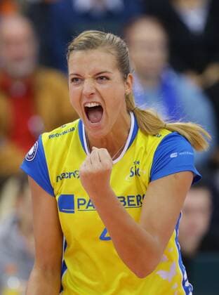 Stuttgart , Volleyball Bundesliga Allianz MTV Stuttgart vs. SSC Palmberg Schwerin , Jubel Maren Brinker ( Schwerin )