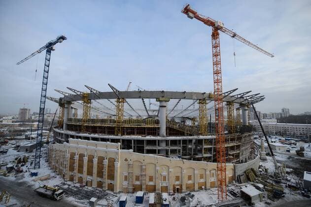 YEKATERINBURG, RUSSIA - DECEMBER 27, 2016: A view of Yekaterinburg Central Stadium (Yekaterinburg Arena) that is currently under renovation. The stadium will host 2018 FIFA World Cup WM Weltmeisterschaft Fussball matches. Donat Sorokin TASS  TS03CD3F