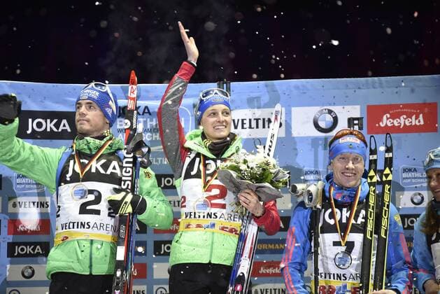 28.12.2016, xkhx, Gelsenkirchen, Veltins-Arena JOKA Biathlon World Team Challenge 2016 Sieger 1. Platz Vanessa Hinz und Simon Schempp (Team Deutschland)