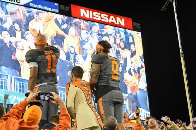 December 30, 2016: Joshua Dobbs 11 and Derek Barnett 9 lead the UT band in Rocky Top after the win in the game between the Nebraska Cornhuskers and the Tennessee Volunteers in the Franklin American Mortgage Music City Bowl at Nissan Stadium in Nashville, TN. Thomas McEwen CSM NCAA College League USA Football 2016: Franklin American Mortgage Music City Bowl Nebraska vs Tennessee DEC 30 - ZUMAc04_ 20161230_zaf_c04_106