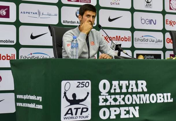 (170101) -- DOHA, Jan. 1, 2017 -- Novak Djokovic of Serbia reacts during a press conference PK Pressekonferenz of the ATP Tennis Herren Qatar Open tennis tournament 2017 at the Khalifa International Tennis Complex in Doha, capital of Qatar, on Jan. 1, 2017. The tournament will be held on Jan. 2-7. ) (SP)QATAR-DOHA-TENNIS-QATAR OPEN-PRESS CONFERENCE Nikku 